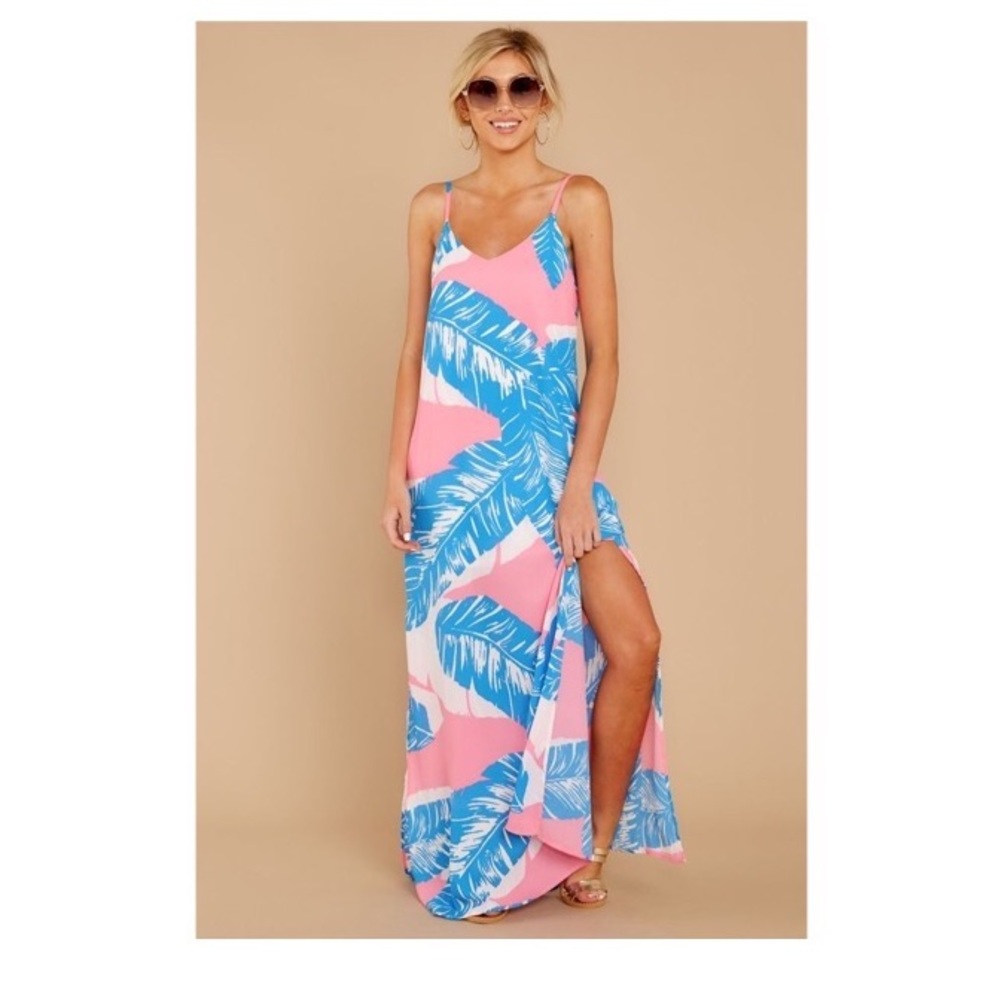 TROPICAL PALM SIDE SLIT SUMMER MAXI DRESS